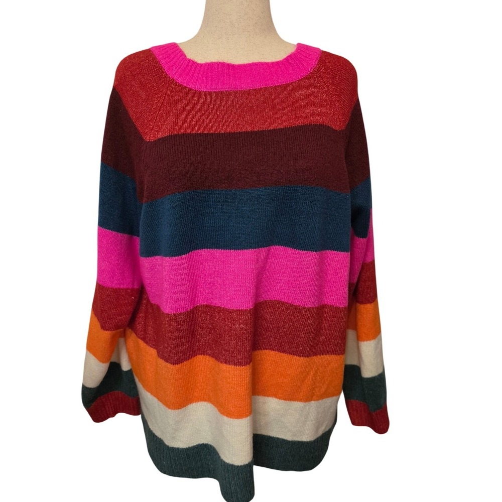 Multi Color Striped Crewneck Knit Sweater Pink Orange Teal RN 118641